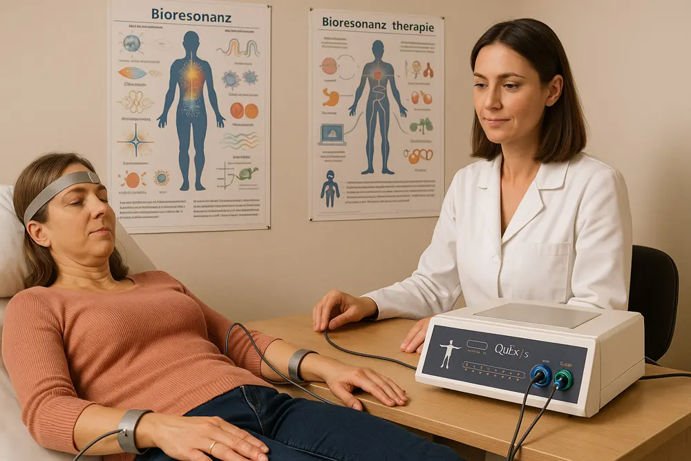 Ședință de biorezonanță: clientă cu electrozi la încheietură, consiliera la aparat