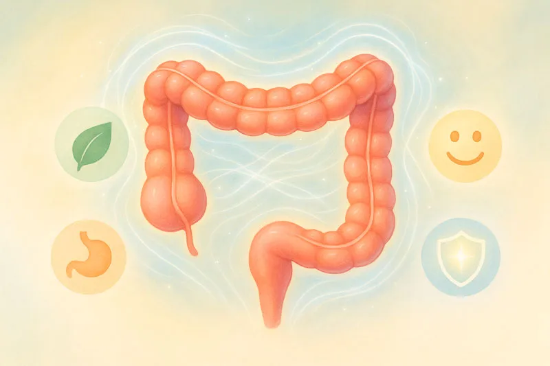 Illustration eines Darms mit Symbolen für Wohlbefinden