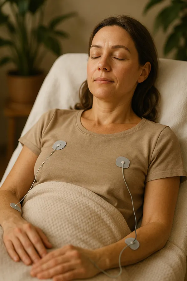 Femeie relaxată, cu ochii închiși, în fotoliu în timpul biorezonanței