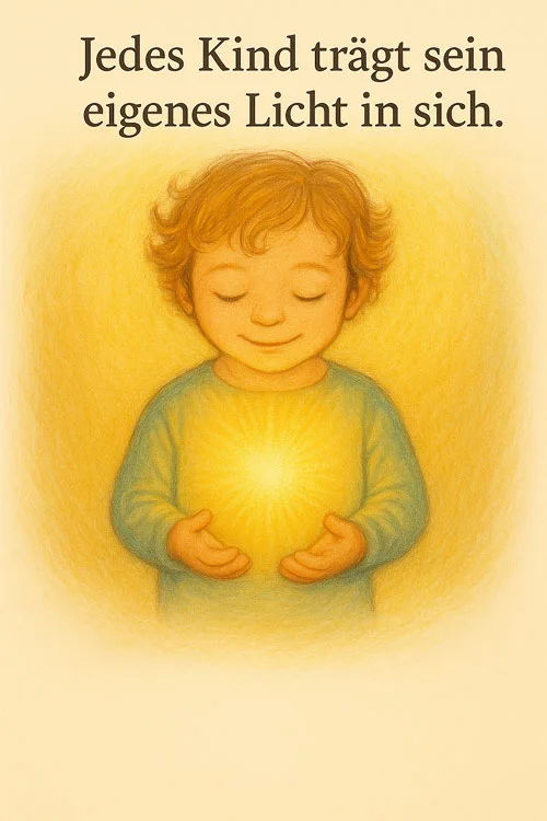 Ilustrație: copil cu lumină în mâini și textul Fiecare copil poartă propria lumină