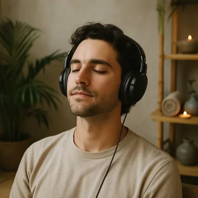Bărbat cu căști ascultă cu ochii închiși un exercițiu audio