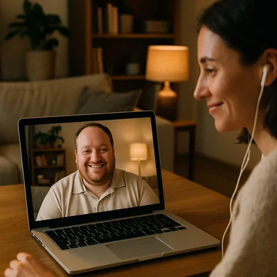 Discuție online pe Zoom, la laptop