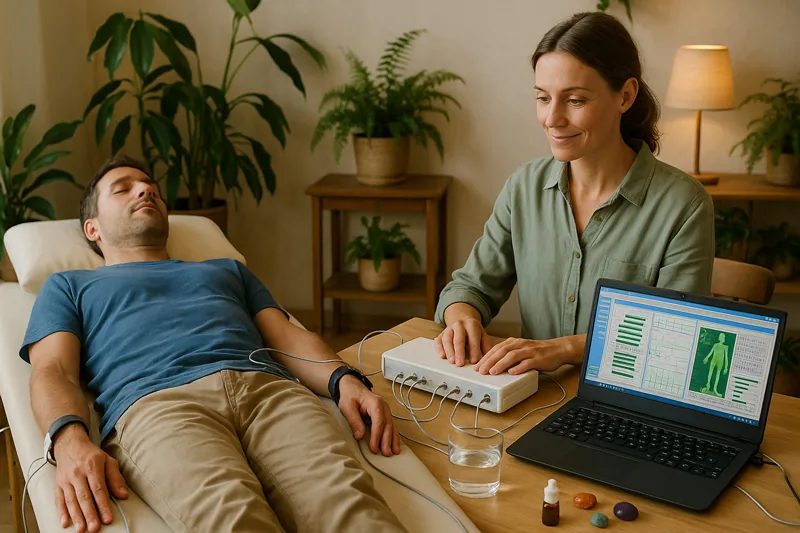Bărbat întins la o ședință de biorezonanță, o femeie lucrează la laptop cu aparatul